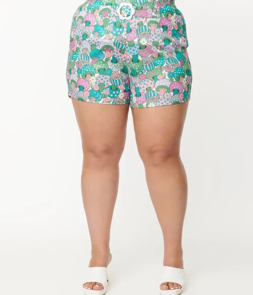 Smak Parlour Plus Size Teal Groovy Mushrooms Shorts