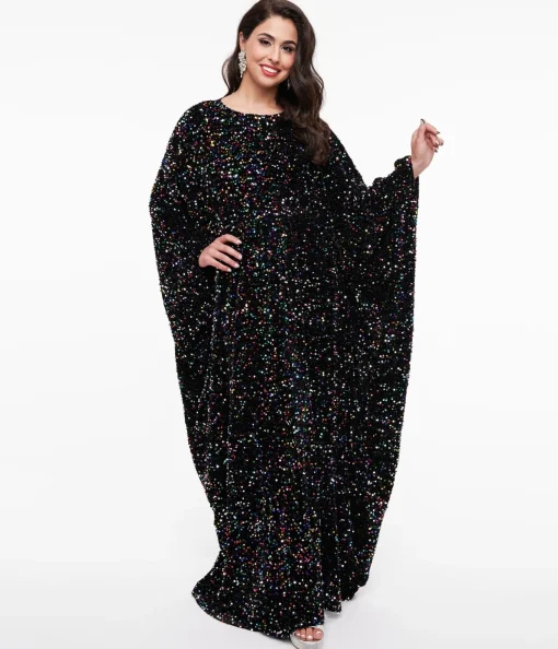 Smak Parlour 1970s Black & Multicolor Sequin Batwing Caftan