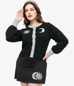 Smak Parlour 1960s Black & Silver Celestial Embroidered Cropped Cardigan