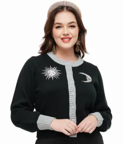 Smak Parlour 1960s Black & Silver Celestial Embroidered Cropped Cardigan