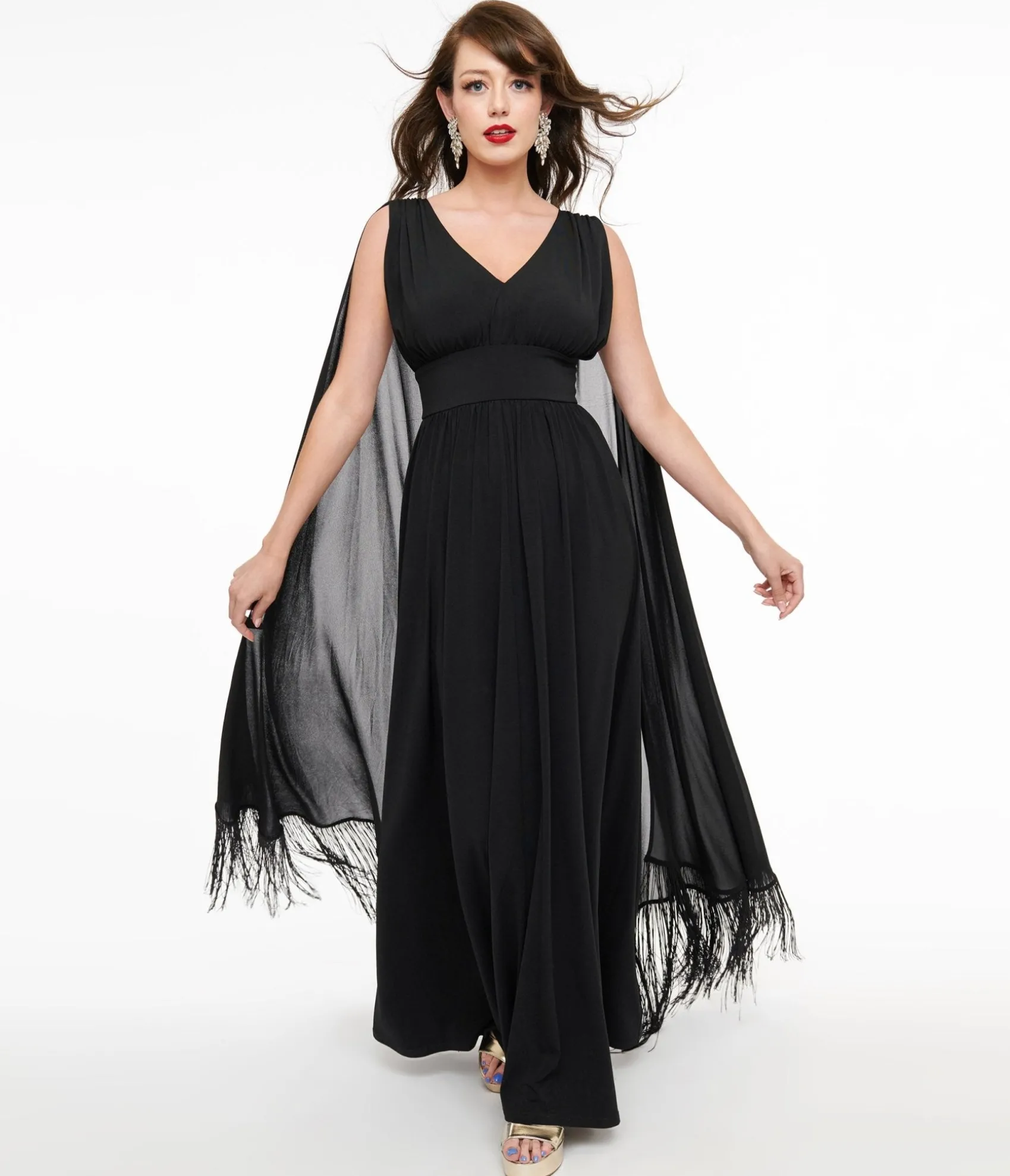 Smak Parlour 1970s Black Fringe Cape Maxi Dress