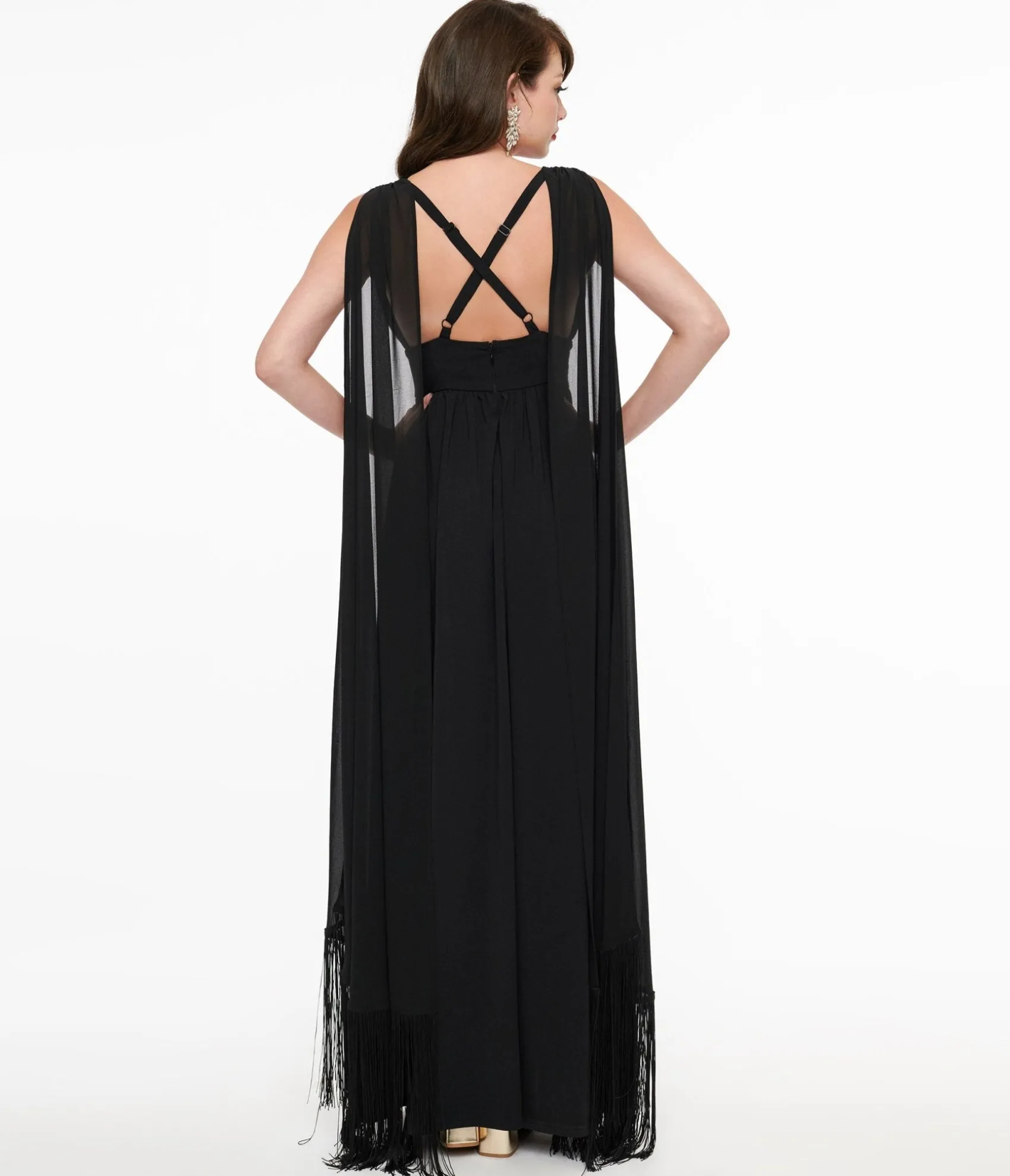 Smak Parlour 1970s Black Fringe Cape Maxi Dress