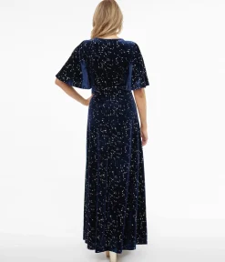Smak Parlour 1970s Blue Velvet Silver Stars Cutout Maxi Dress