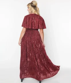 Smak Parlour 1970s Burgundy & Velvet Spiderweb Cape Maxi Dress