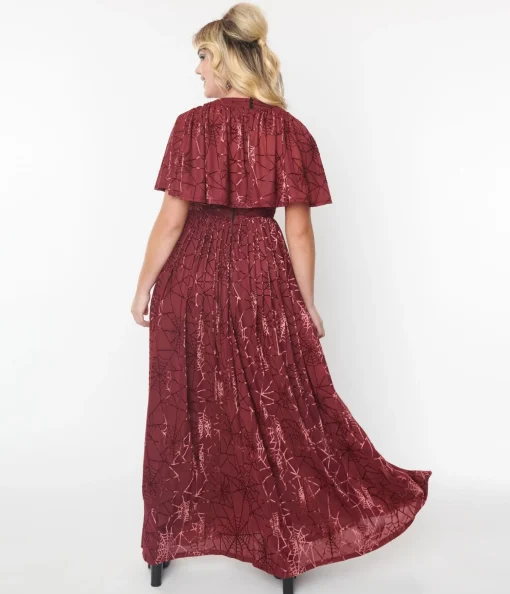 Smak Parlour 1970s Burgundy & Velvet Spiderweb Cape Maxi Dress
