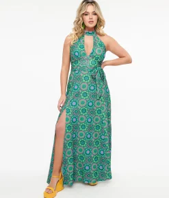 Smak Parlour 1960s Emerald Floral Halter Maxi Dress