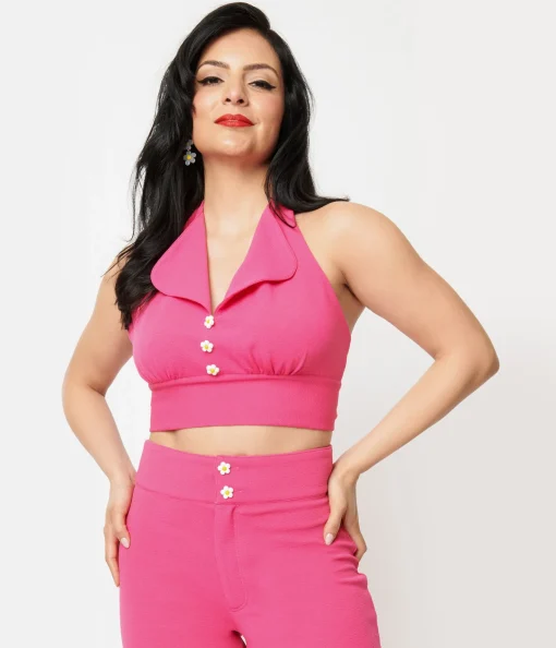 Smak Parlour 1960s Hot Pink Halter Crop Top