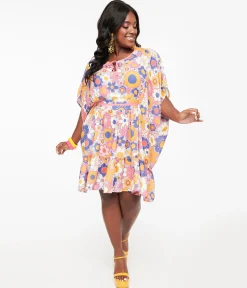 Smak Parlour 1970s Pink & Purple Mod Floral Mini Caftan