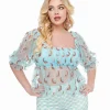 Smak Parlour 1960s Sky Blue & Glitter Rainbow Mesh Ruffle Babydoll Top