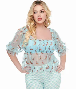 Smak Parlour 1960s Sky Blue & Glitter Rainbow Mesh Ruffle Babydoll Top
