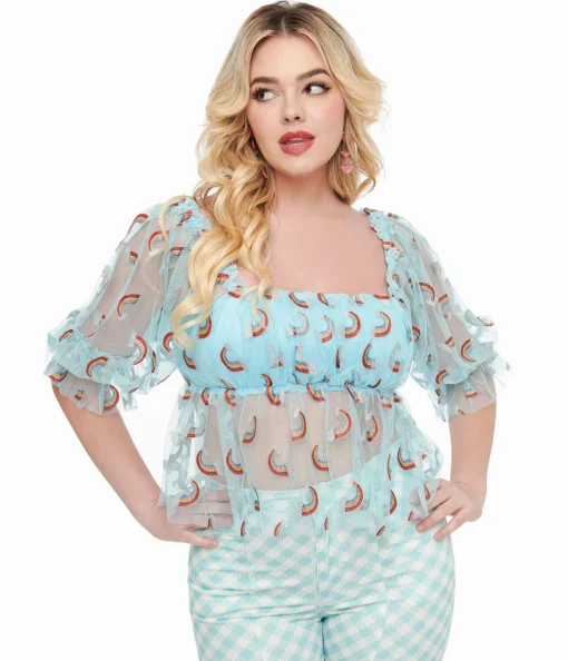 Smak Parlour 1960s Sky Blue & Glitter Rainbow Mesh Ruffle Babydoll Top