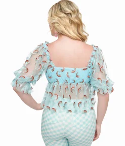 Smak Parlour 1960s Sky Blue & Glitter Rainbow Mesh Ruffle Babydoll Top