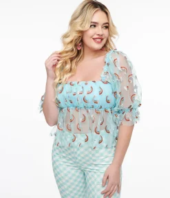 Smak Parlour 1960s Sky Blue & Glitter Rainbow Mesh Ruffle Babydoll Top