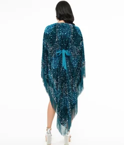 Smak Parlour 1970s Teal Sequin Fringe Caftan Dress