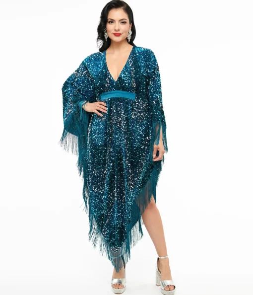 Smak Parlour 1970s Teal Sequin Fringe Caftan Dress