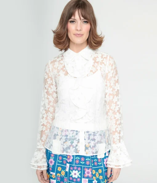 Smak Parlour 1960s White Daisy Ruffle Blouse
