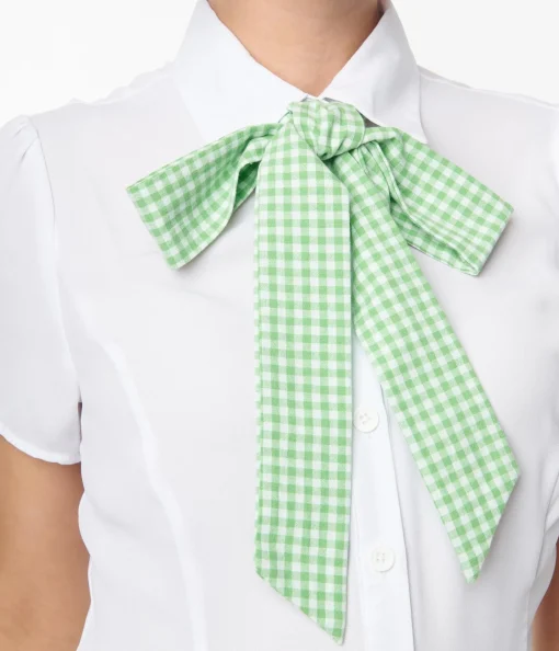 Smak Parlour White & Green Gingham Chiffon Power Play Blouse