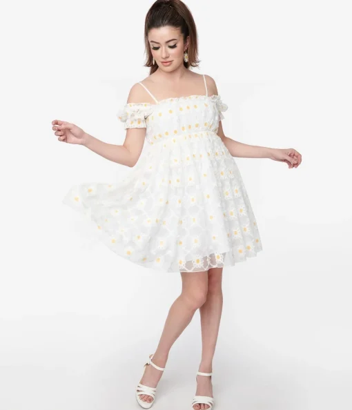 Smak Parlour White Daisy Off the Shoulder Babydoll Dress