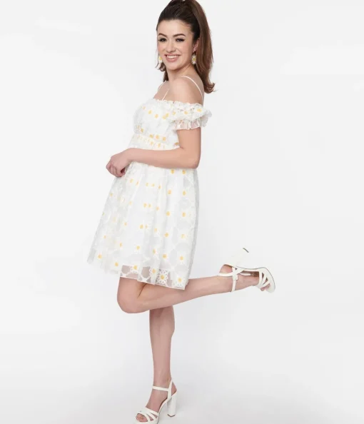Smak Parlour White Daisy Off the Shoulder Babydoll Dress