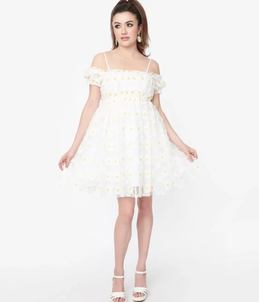 Smak Parlour White Daisy Off the Shoulder Babydoll Dress