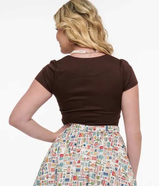 Steady 1950s Chocolate Brown Short Sleeve Knit Sophia Top