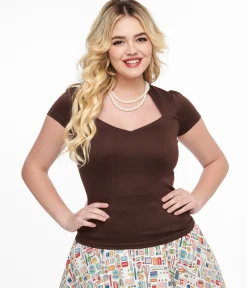 Steady 1950s Chocolate Brown Short Sleeve Knit Sophia Top