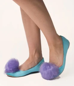 Teal Velvet & Purple Pom Pom Ballet Flats