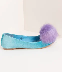 Teal Velvet & Purple Pom Pom Ballet Flats