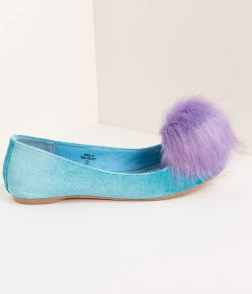 Teal Velvet & Purple Pom Pom Ballet Flats