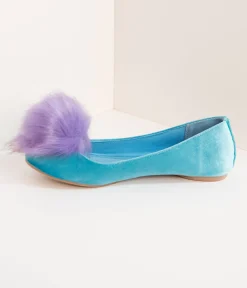 Teal Velvet & Purple Pom Pom Ballet Flats