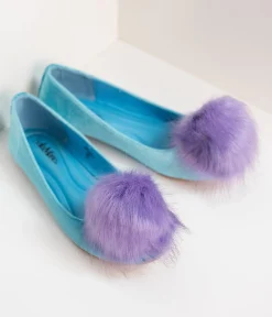 Teal Velvet & Purple Pom Pom Ballet Flats