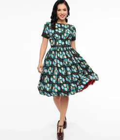 The Golden Girls x Unique Vintage Black & Blue The Golden Girls Print Swing Dress