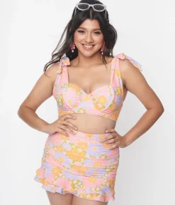 Unique Vintage Avocado & Multicolor Daisy Print Totally Tied Up Swim Top