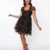 Unique Vintage Black & Glitter Cherry Print Heart & Soul Babydoll Dress