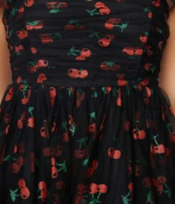 Unique Vintage Black & Glitter Cherry Print Heart & Soul Babydoll Dress