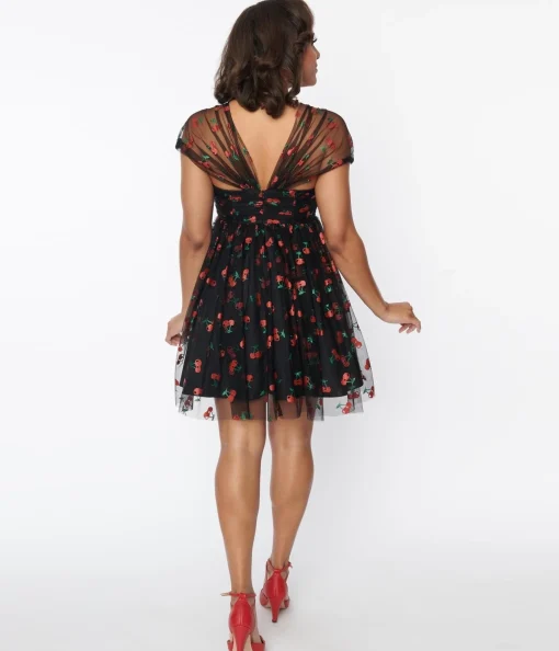 Unique Vintage Black & Glitter Cherry Print Heart & Soul Babydoll Dress