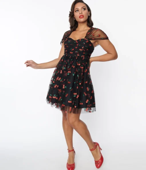 Unique Vintage Black & Glitter Cherry Print Heart & Soul Babydoll Dress