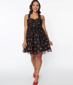 Unique Vintage Black & Glitter Cherry Print Heart & Soul Babydoll Dress