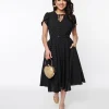 Unique Vintage Black & Gold Clip Dot Dahlia Swing Dress