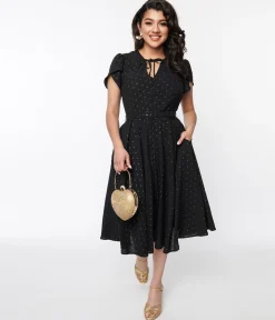 Unique Vintage Black & Gold Clip Dot Dahlia Swing Dress