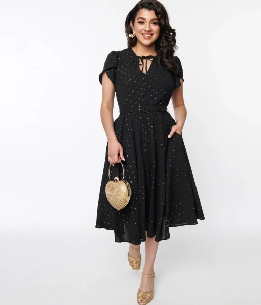 Unique Vintage Black & Gold Clip Dot Dahlia Swing Dress