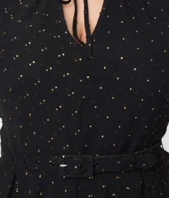 Unique Vintage Black & Gold Clip Dot Dahlia Swing Dress