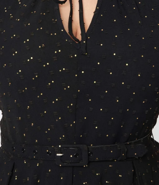 Unique Vintage Black & Gold Clip Dot Dahlia Swing Dress