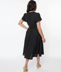 Unique Vintage Black & Gold Clip Dot Dahlia Swing Dress