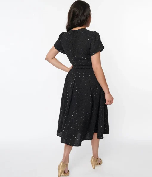 Unique Vintage Black & Gold Clip Dot Dahlia Swing Dress
