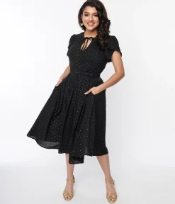 Unique Vintage Black & Gold Clip Dot Dahlia Swing Dress