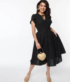 Unique Vintage Black & Gold Clip Dot Dahlia Swing Dress