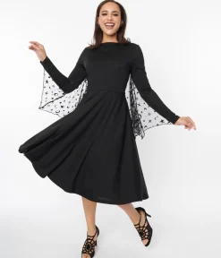 Unique Vintage Black & Mesh Bat Swing Dress