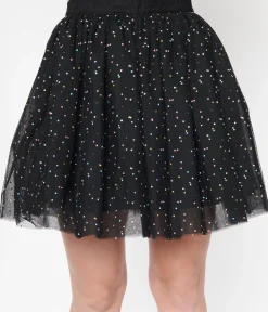 Unique Vintage Black & Multicolor Dots Sweetie Pie Flare Skirt
