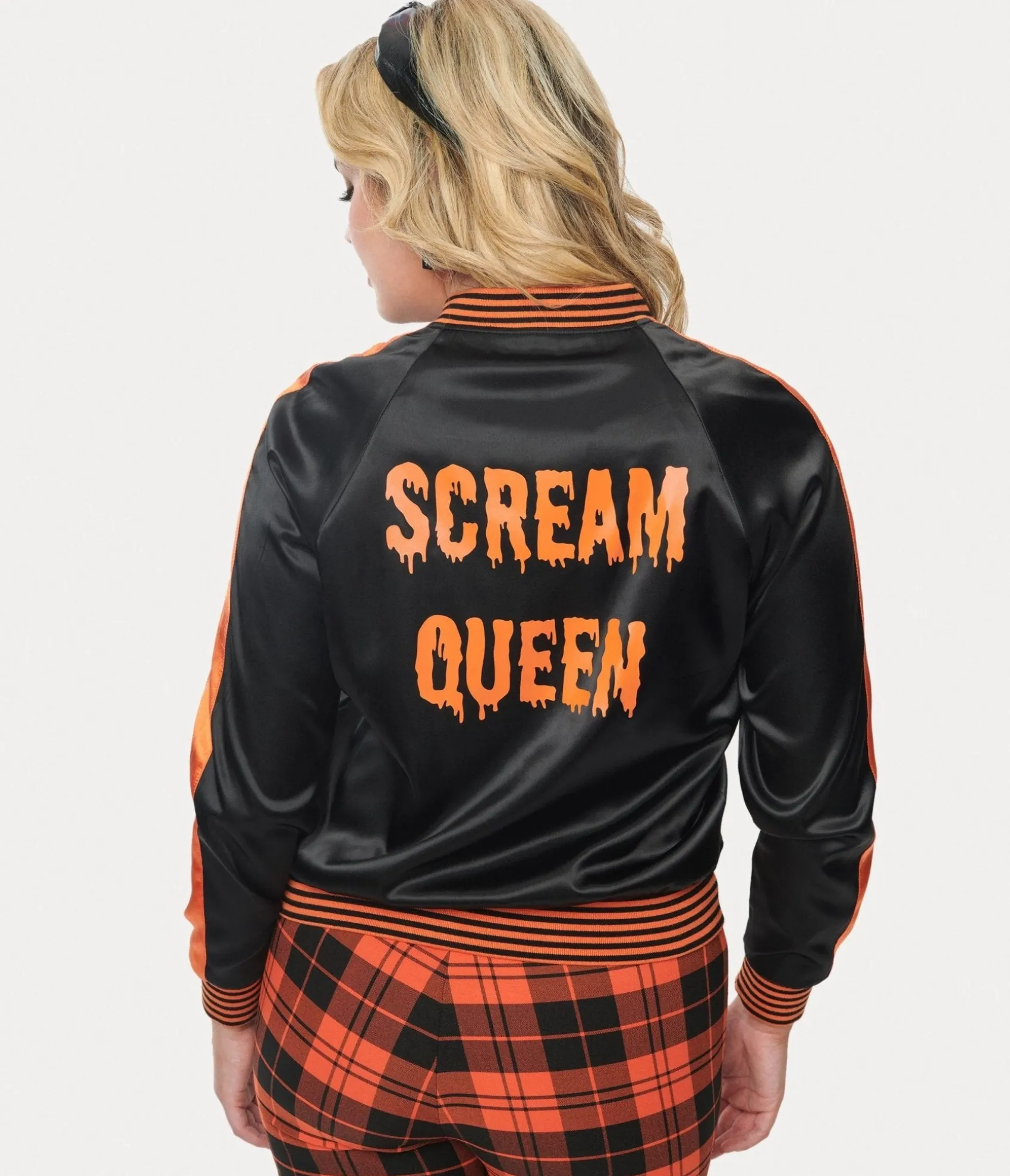 Unique Vintage Black & Orange Scream Queen Satin Bomber Jacket